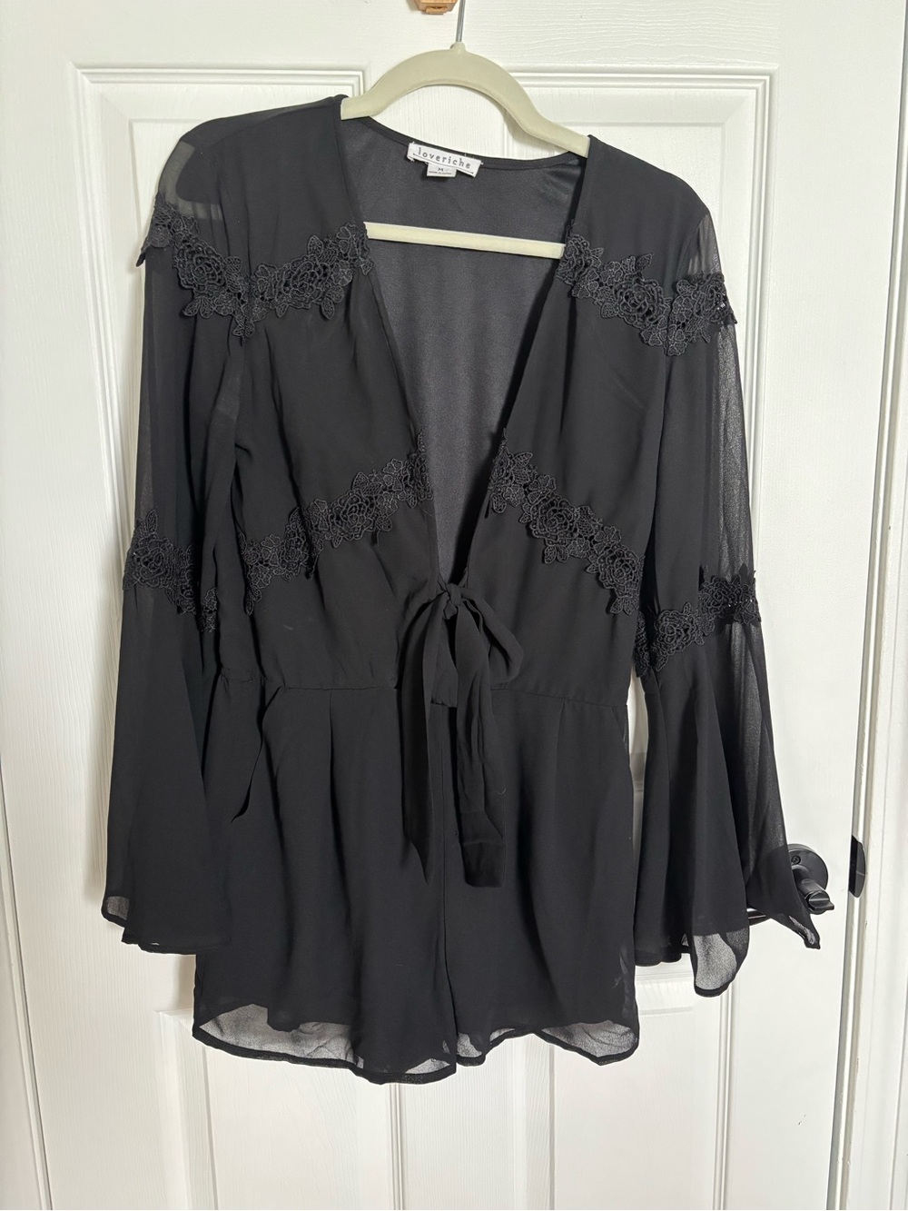Love Riche Black Lace-Trim Tie-Front Romper